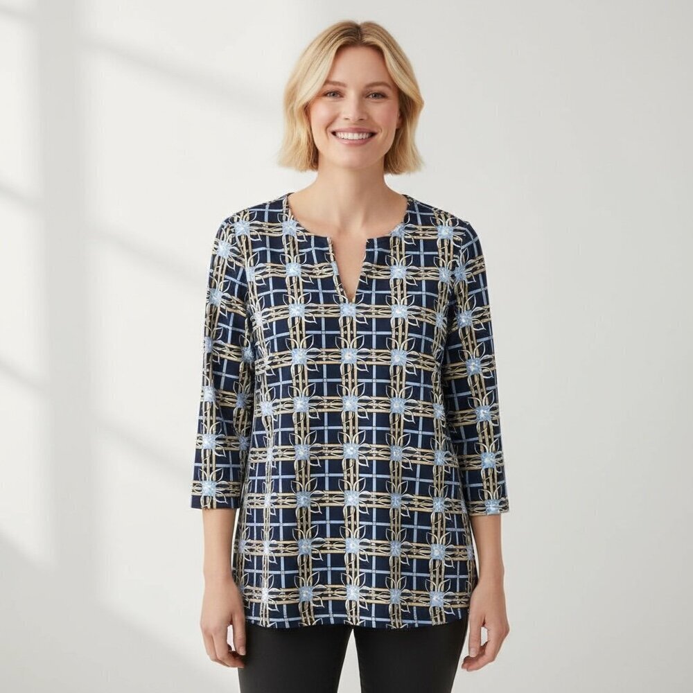 J.McLaughlin Catalina Cloth Split Neck Top Navy Chain Print Size M